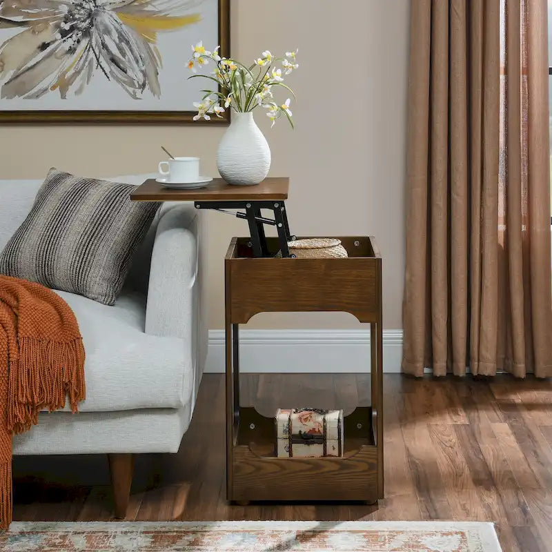 Mid Century Modern Lift Top Side Table, Small Rising End Table Couch Table with Storage Shelf, Wooden Nightstand