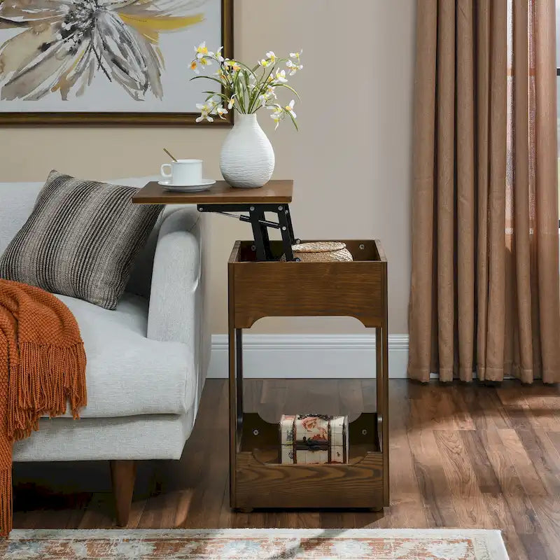 Mid Century Modern Lift Top Side Table, Small Rising End Table Couch Table with Storage Shelf, Wooden Nightstand