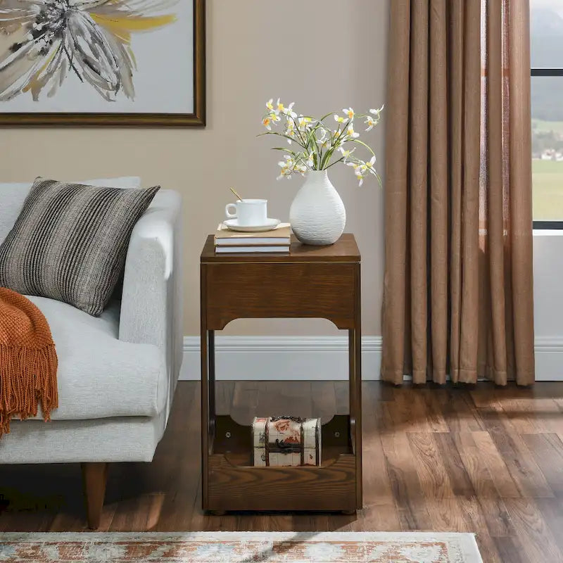 Mid Century Modern Lift Top Side Table, Small Rising End Table Couch Table with Storage Shelf, Wooden Nightstand