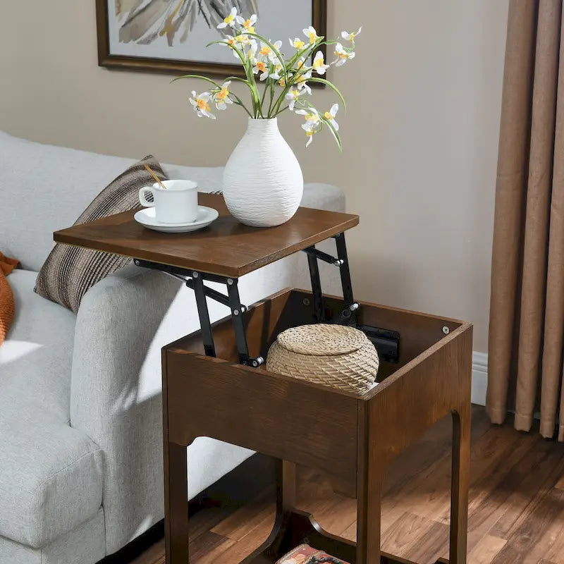 Mid Century Modern Lift Top Side Table, Small Rising End Table Couch Table with Storage Shelf, Wooden Nightstand