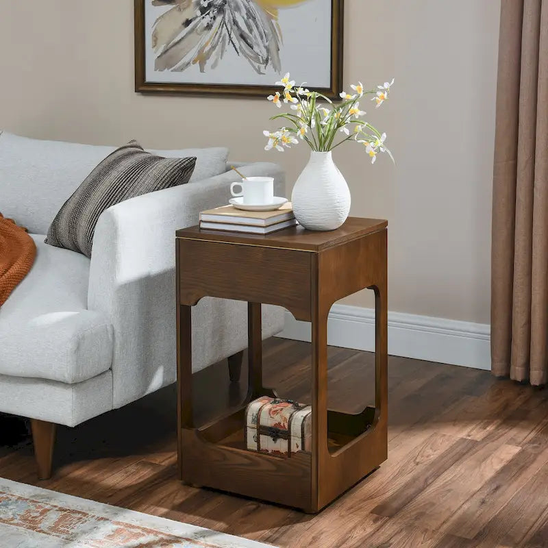 Mid Century Modern Lift Top Side Table, Small Rising End Table Couch Table with Storage Shelf, Wooden Nightstand