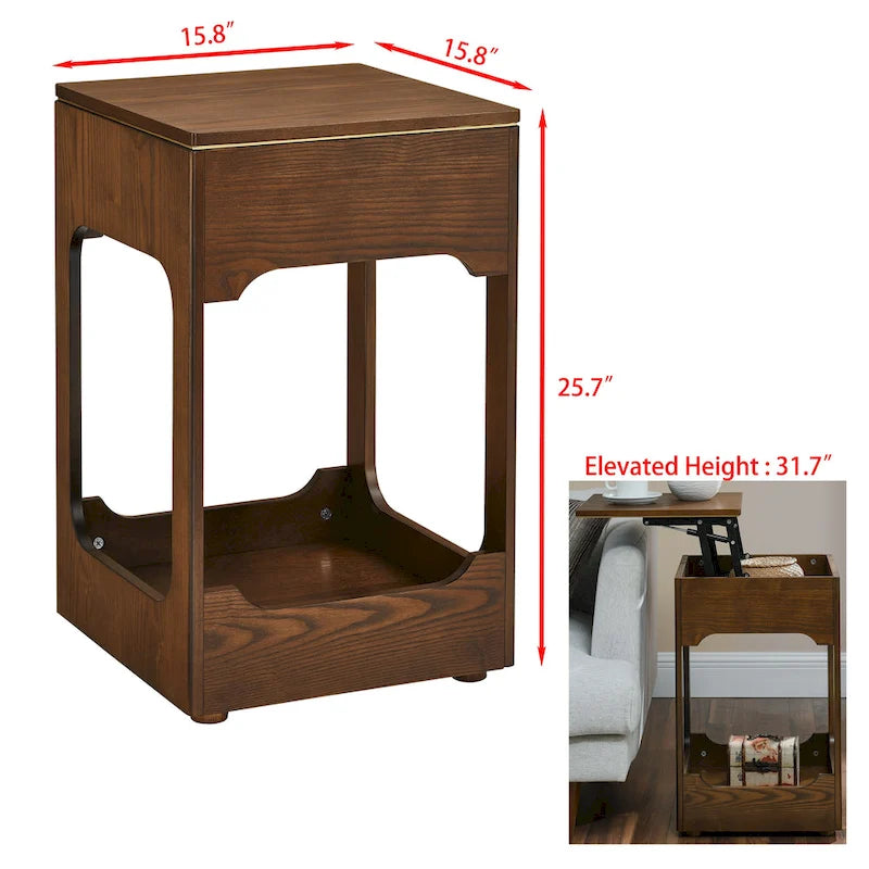 Mid Century Modern Lift Top Side Table, Small Rising End Table Couch Table with Storage Shelf, Wooden Nightstand