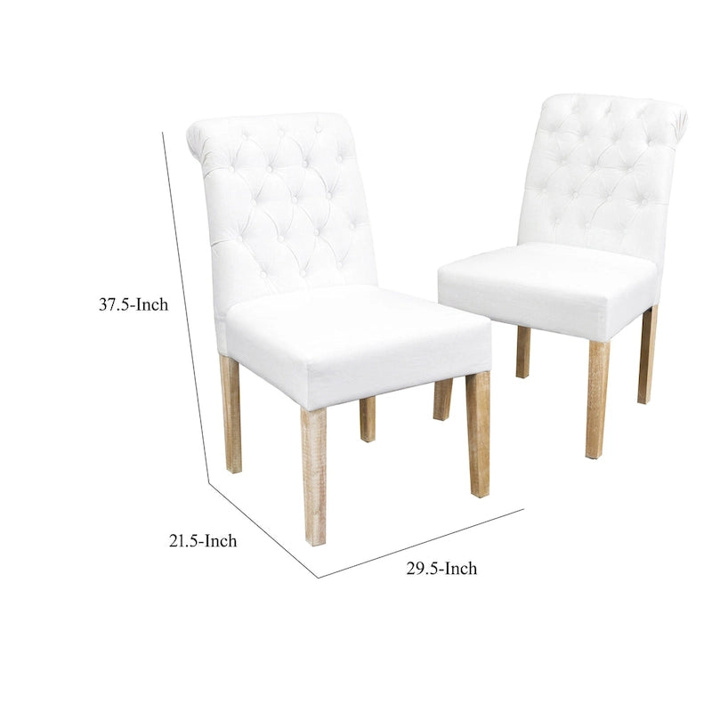 Dining Parsons Chair Set of 2, Tufted Rolled, Off White Linen