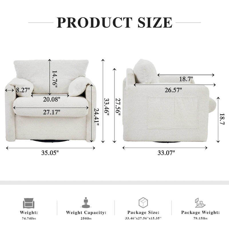 Fauteuil d'appoint pivotant une place - Fauteuil de salon rotatif à 360° avec tissu chenille et coussin haute résilience