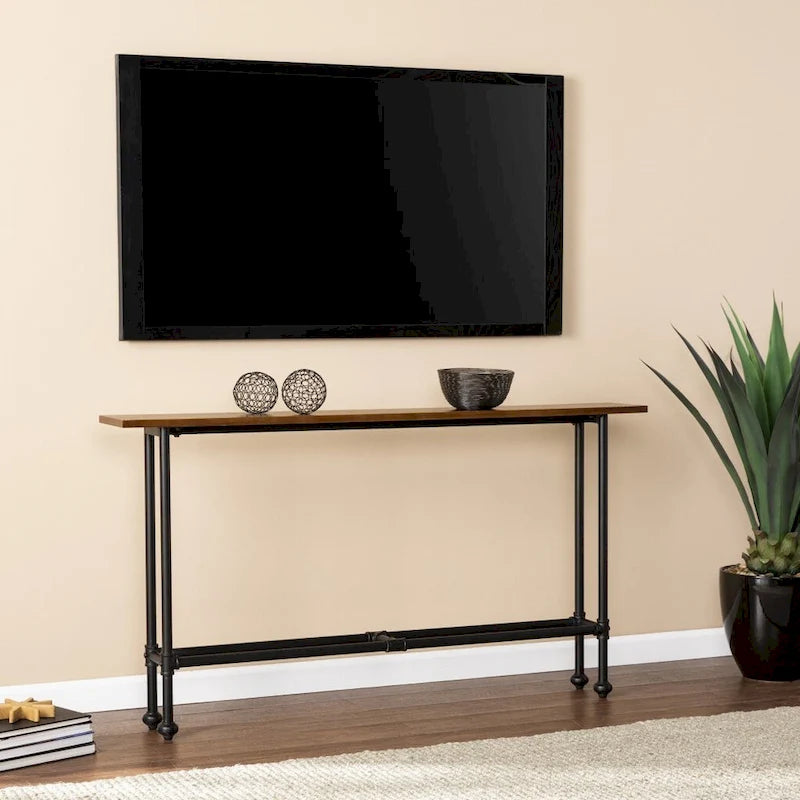 Console rectangulaire en bois Espresso avec piètement en métal noir - 56 L x 8 P x 30 H