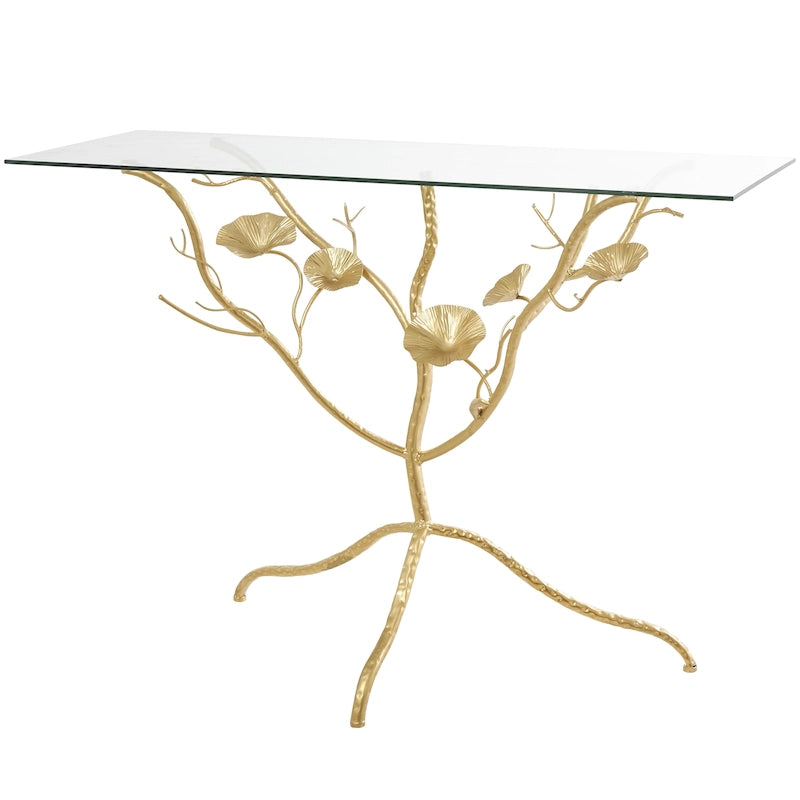 Metal Floral Branch Console Table with Glass Top - Gold