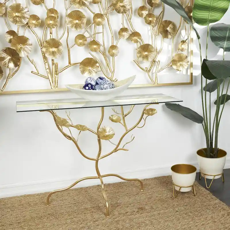Metal Floral Branch Console Table with Glass Top - Gold
