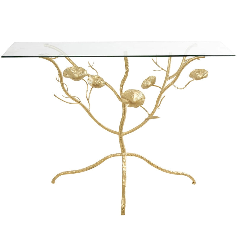 Metal Floral Branch Console Table with Glass Top - Gold