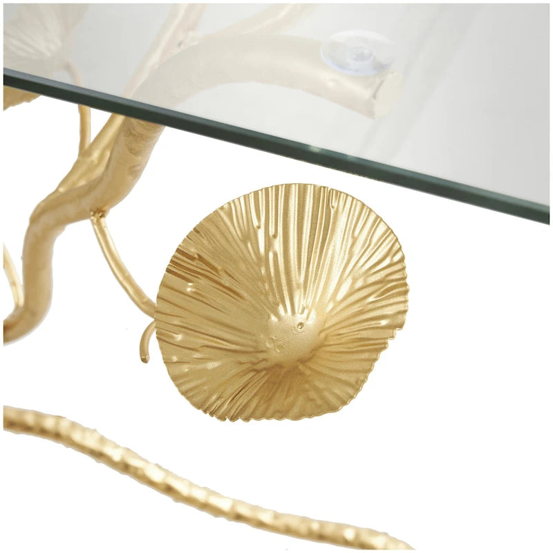 Metal Floral Branch Console Table with Glass Top - Gold