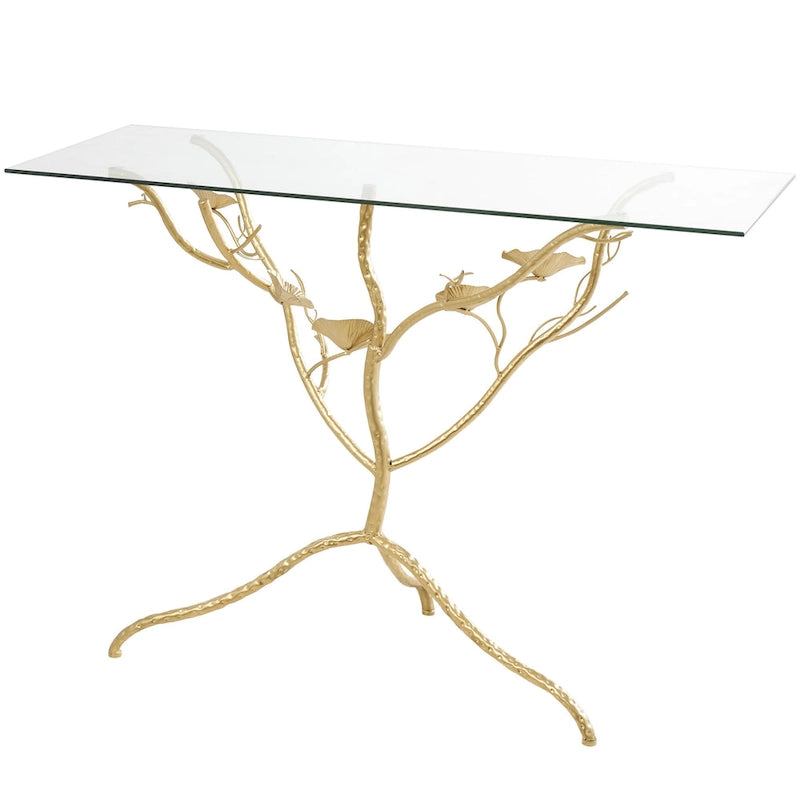 Console en métal à motif de branche florale avec plateau en verre - Doré