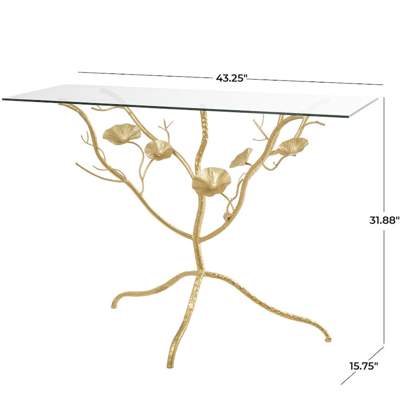 Console en métal à motif de branche florale avec plateau en verre - Doré