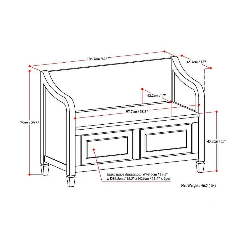 Banc de rangement traditionnel en BOIS MASSIF de 42 po de large pour entrée - 42 L x 18 P x 29,5 H