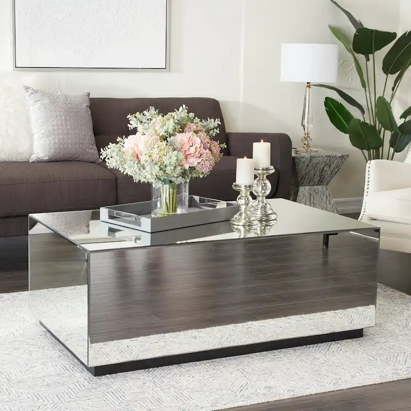 Table basse rectangulaire en verre miroir avec base surélevée - Argent - 28Lx47Px18H