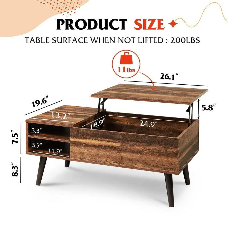 Lift Top Coffee Table with Storage for Living Room - 39.37D x 19.69W x 16.93H