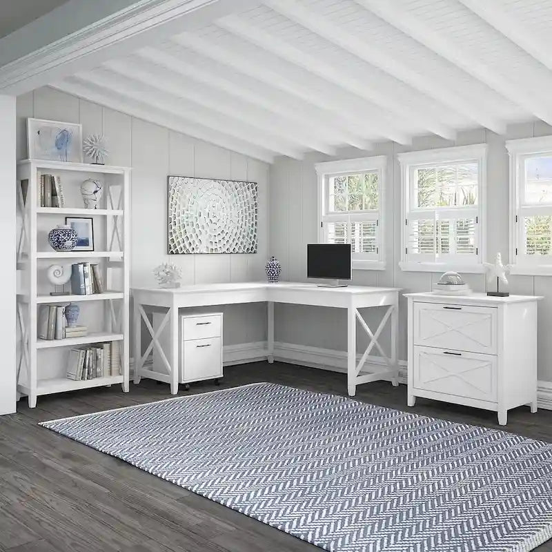 60W L Desk with File Cabinets and Bookcase by