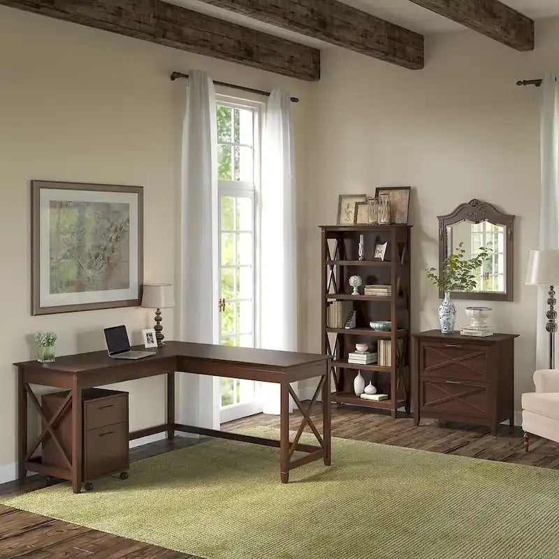 60W L Desk with File Cabinets and Bookcase by