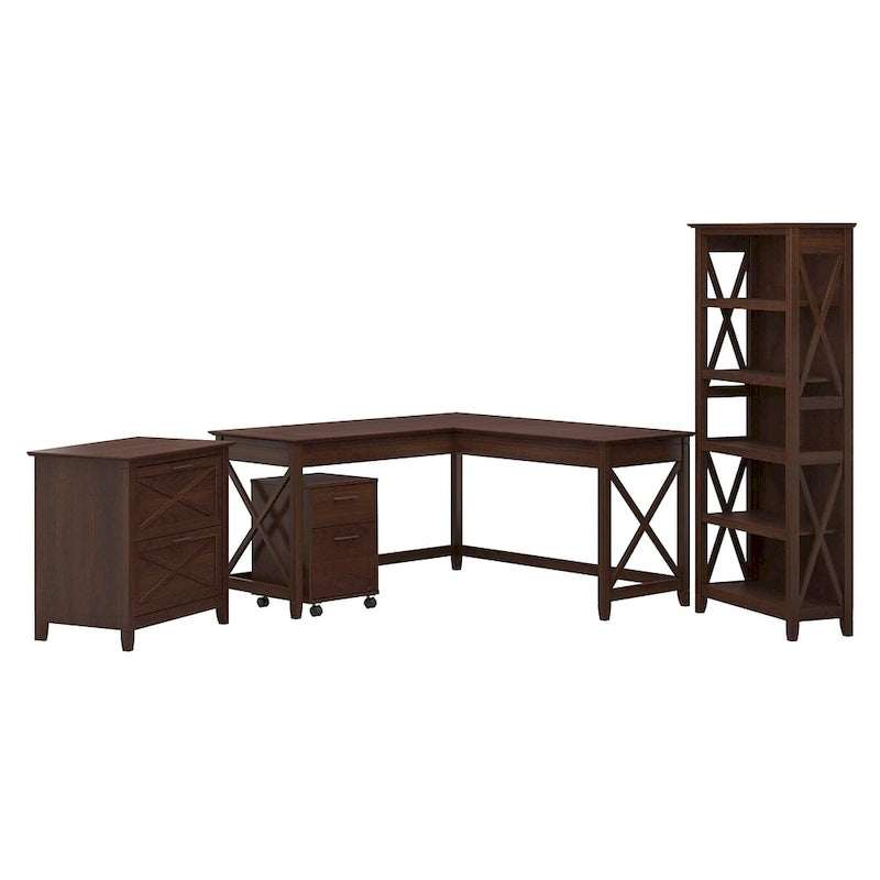 60W L Desk with File Cabinets and Bookcase by