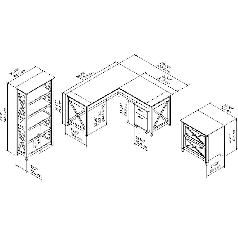 Bureau d'angle de 60 po avec classeurs et bibliothèque, par