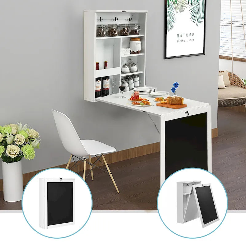 Table murale pliante convertible en bureau avec étagères tableau noir