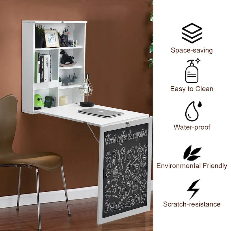 Table murale pliante convertible en bureau avec étagères tableau noir
