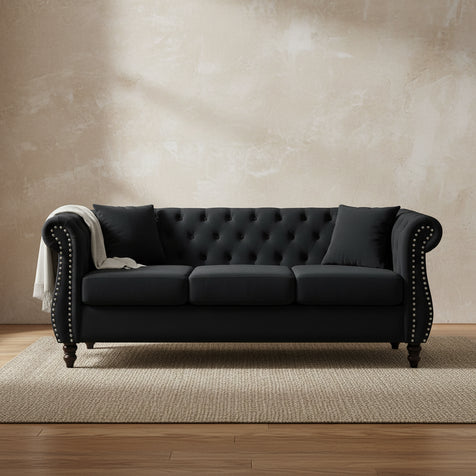 [Video] 80 Chesterfield Sofa Black Velvet for Living Room, 3 Seater Sofa Tufted Couch with Rolled Arms and Nailhead for Living