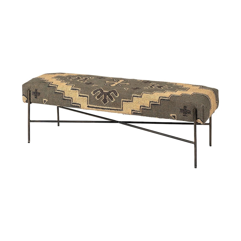 I Olive & Beige Upholstered Patterned Seat Accent Bench - 55W x 17D x 18H