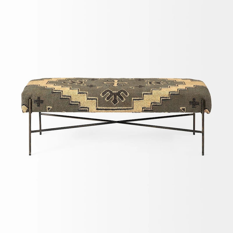 I Olive & Beige Upholstered Patterned Seat Accent Bench - 55W x 17D x 18H