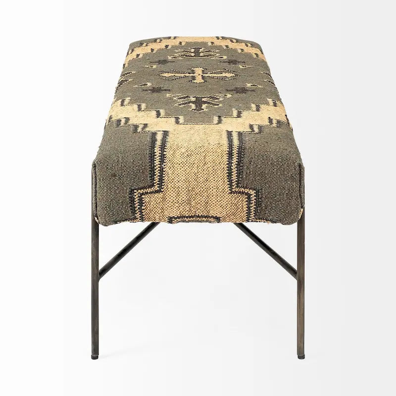 I Olive & Beige Upholstered Patterned Seat Accent Bench - 55W x 17D x 18H