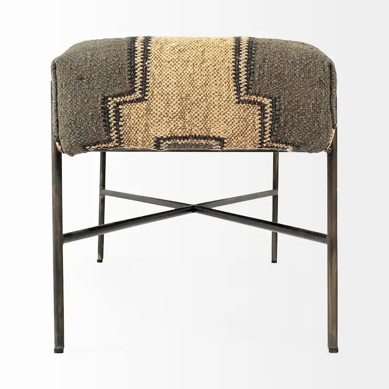 Banc d'appoint à siège capitonné à motif olive et beige - 55 po larg. x 17 po prof. x 18 po haut.