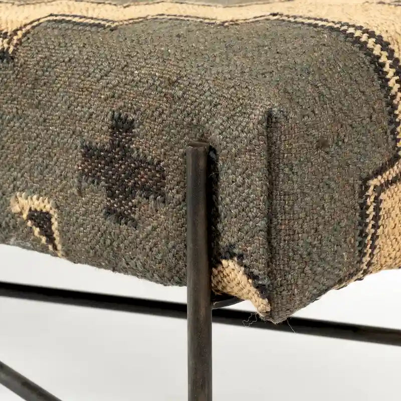 Banc d'appoint à siège capitonné à motif olive et beige - 55 po larg. x 17 po prof. x 18 po haut.
