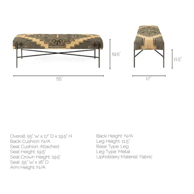 Banc d'appoint à siège capitonné à motif olive et beige - 55 po larg. x 17 po prof. x 18 po haut.