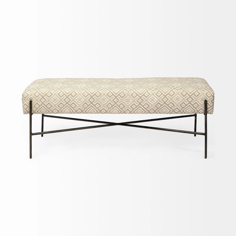 Banc d'appoint à siège capitonné à motif olive et beige - 55 po larg. x 17 po prof. x 18 po haut.