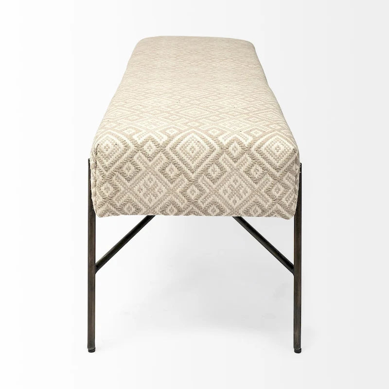 Banc d'appoint à siège capitonné à motif olive et beige - 55 po larg. x 17 po prof. x 18 po haut.