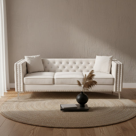82.3 Width Modern Velvet Sofa Jeweled Buttons Tufted Square Arm Couch ,2 Pillows Included,Beige,4 colors