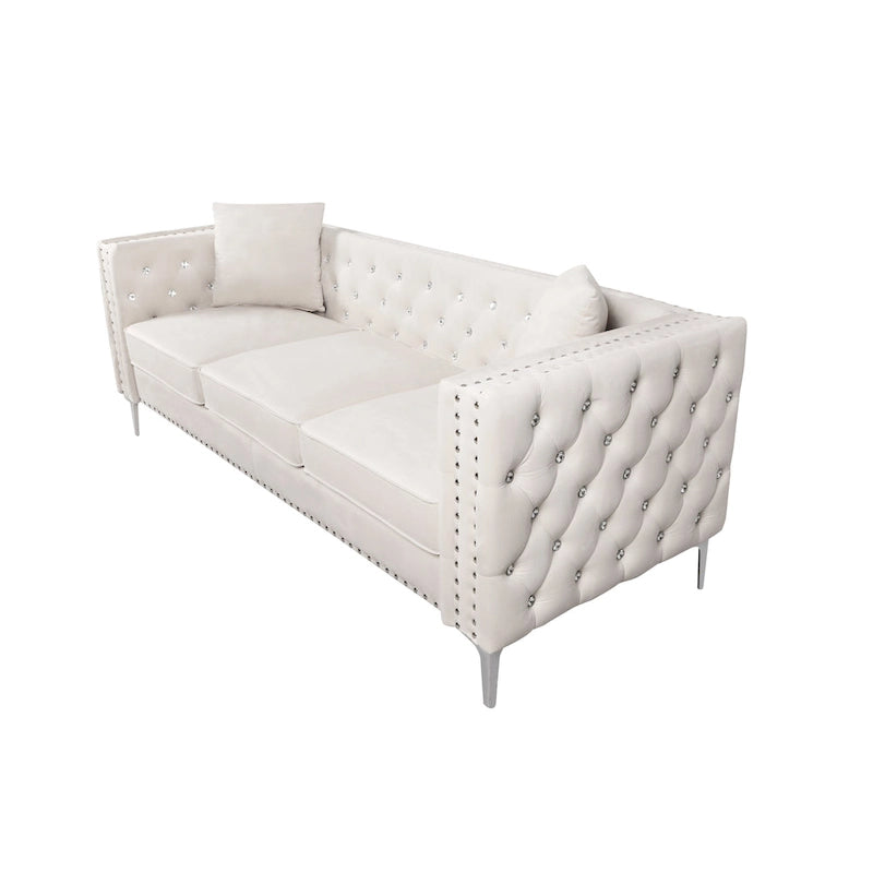 82.3 Width Modern Velvet Sofa Jeweled Buttons Tufted Square Arm Couch ,2 Pillows Included,Beige,4 colors