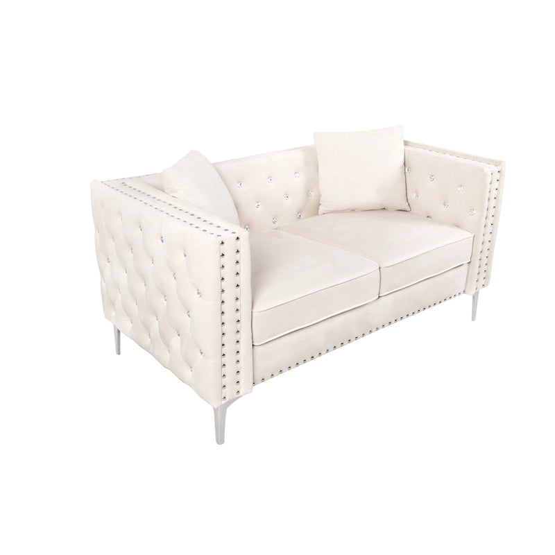 82.3 Width Modern Velvet Sofa Jeweled Buttons Tufted Square Arm Couch ,2 Pillows Included,Beige,4 colors