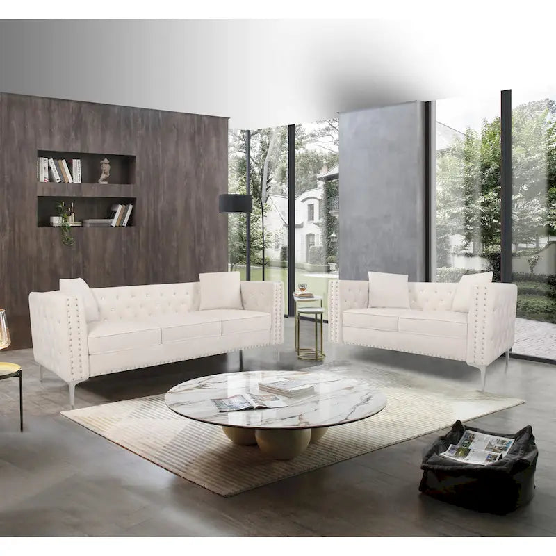 82.3 Width Modern Velvet Sofa Jeweled Buttons Tufted Square Arm Couch ,2 Pillows Included,Beige,4 colors