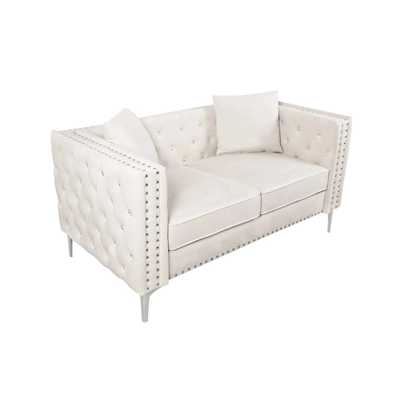 82.3 Width Modern Velvet Sofa Jeweled Buttons Tufted Square Arm Couch ,2 Pillows Included,Beige,4 colors