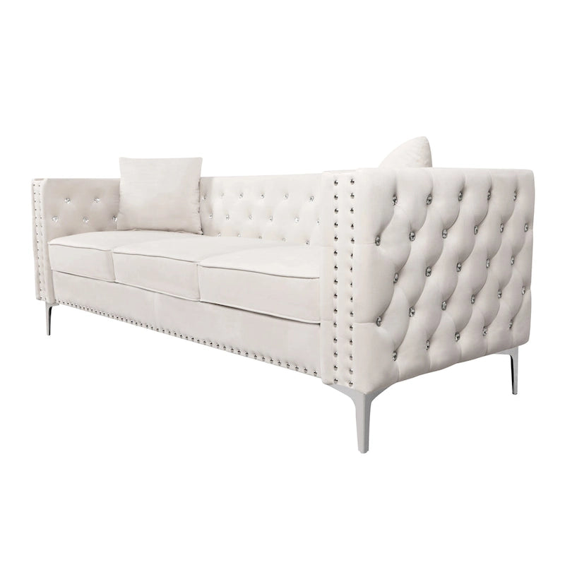 82.3 Width Modern Velvet Sofa Jeweled Buttons Tufted Square Arm Couch ,2 Pillows Included,Beige,4 colors