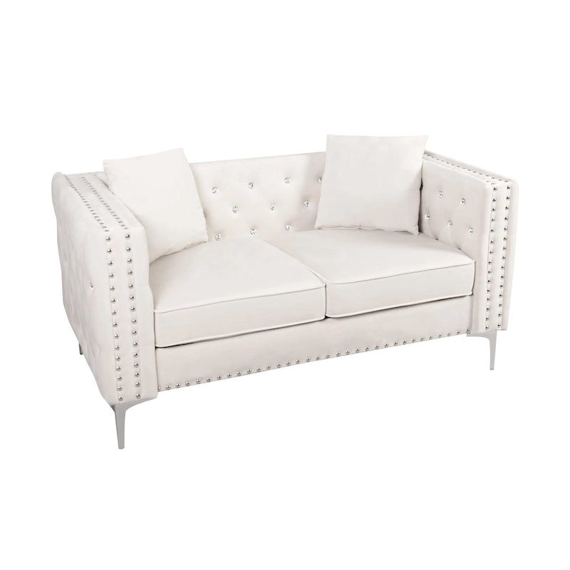 82.3 Width Modern Velvet Sofa Jeweled Buttons Tufted Square Arm Couch ,2 Pillows Included,Beige,4 colors