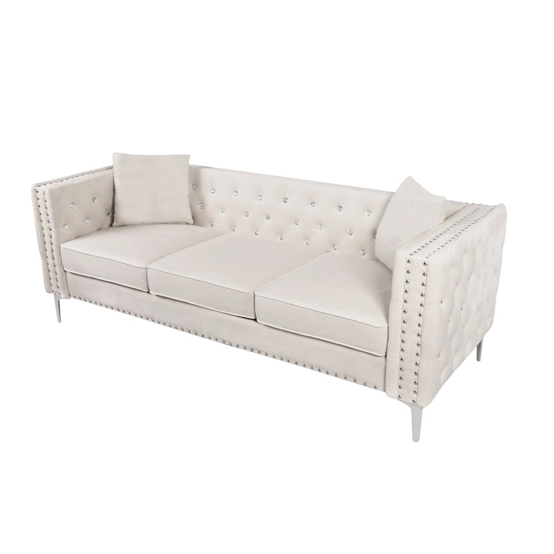 82.3 Width Modern Velvet Sofa Jeweled Buttons Tufted Square Arm Couch ,2 Pillows Included,Beige,4 colors