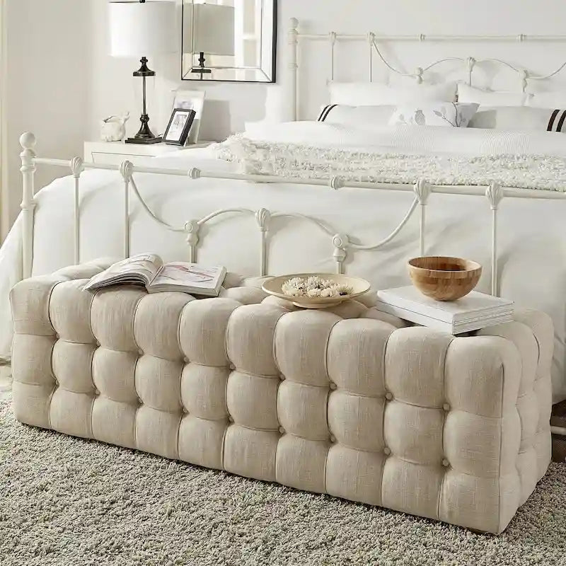 Linen Fabric Tufted Bench by