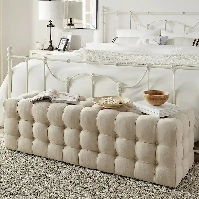 Linen Fabric Tufted Bench by
