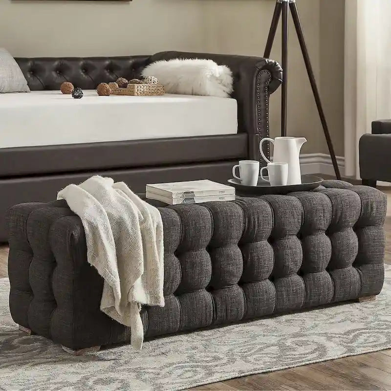 Linen Fabric Tufted Bench by