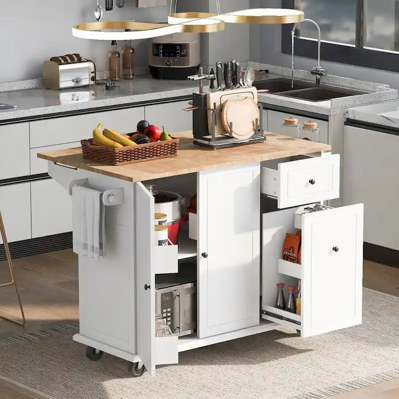 Îlot de cuisine sur roulettes avec abattant et organisateur extractible à 3 niveaux