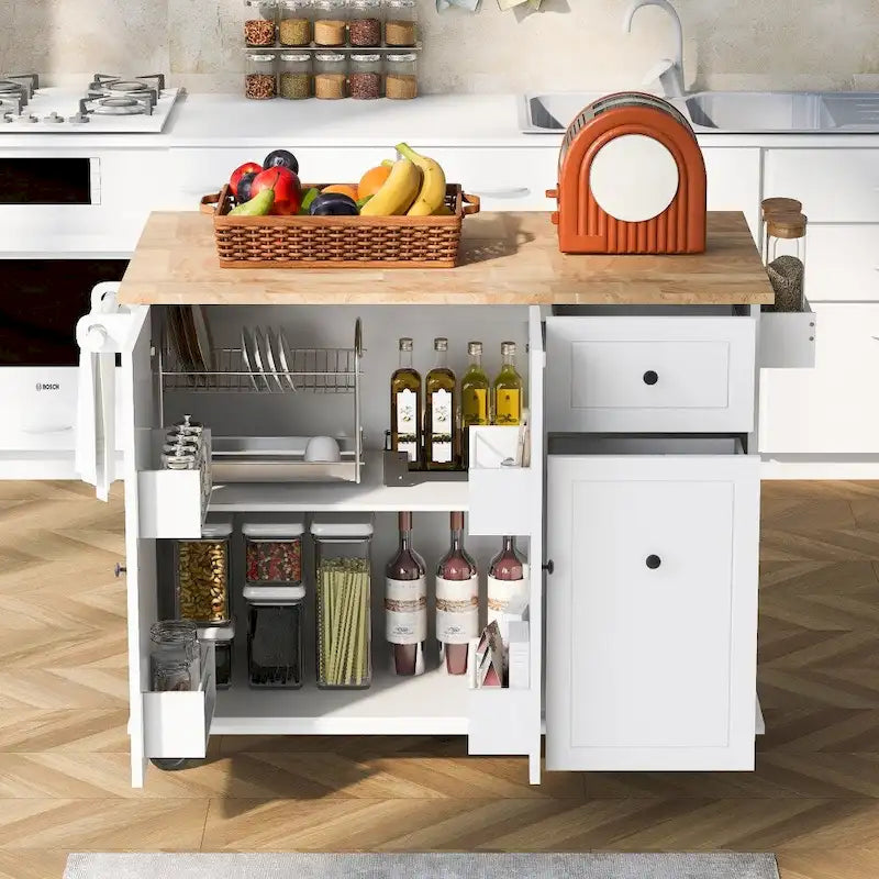 Kitchen Island on Wheels with Drop Leaf and 3 Tier Pull Out Organizer
