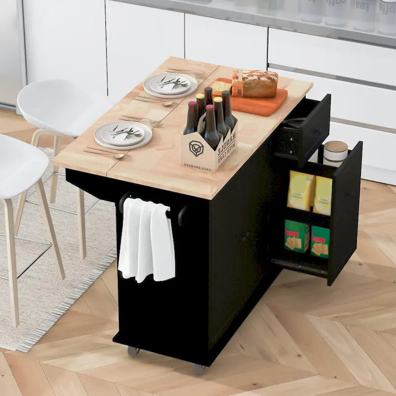 Îlot de cuisine sur roulettes avec abattant et organisateur extractible à 3 niveaux