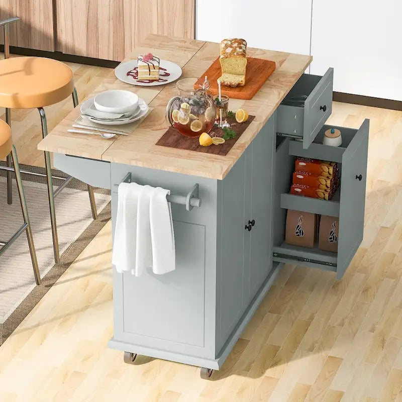 Îlot de cuisine sur roulettes avec abattant et organisateur extractible à 3 niveaux