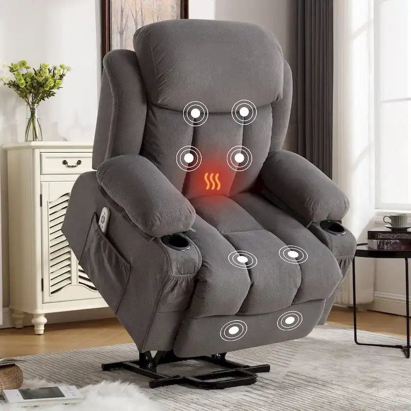 Fauteuil inclinable électrique en tissu avec massage et chaleur pour personnes âgées, avec ports USB, porte-gobelets et poches latérales