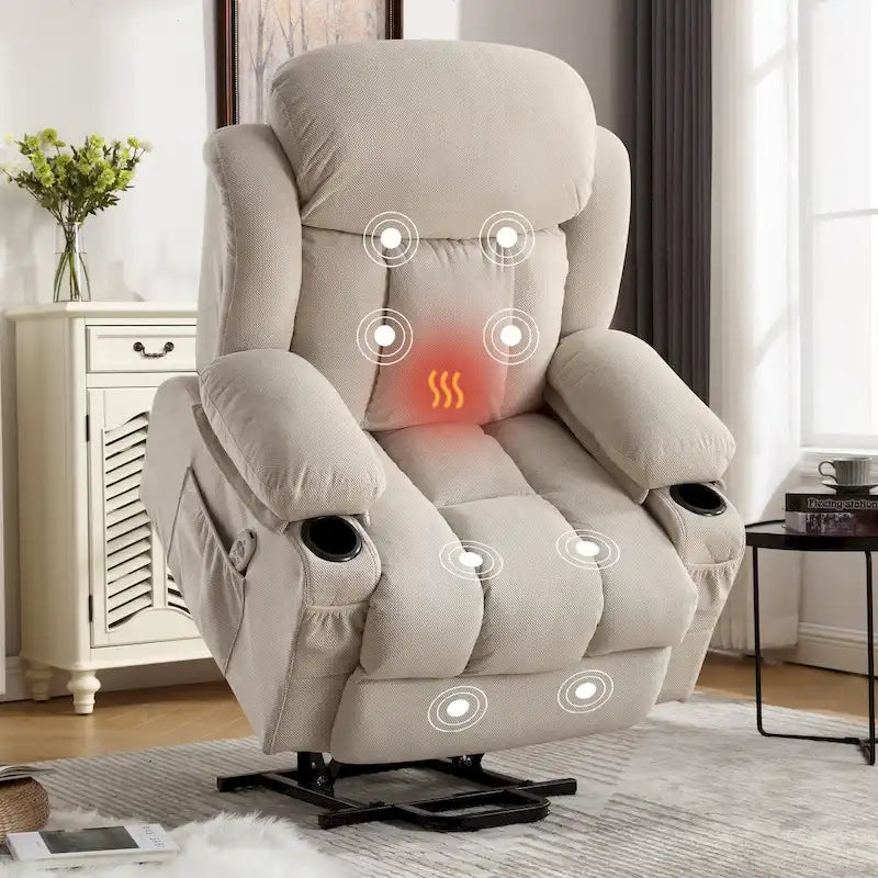 Fabric Electric Power Lift Recliner Chair with Massage and Heat for Elderly with USB Ports,Cup Holders & Side Pocket